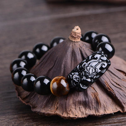 Buddhist Blessing Natural Black Obsidian PiXiu Tiger's Eye Strength Bracelet