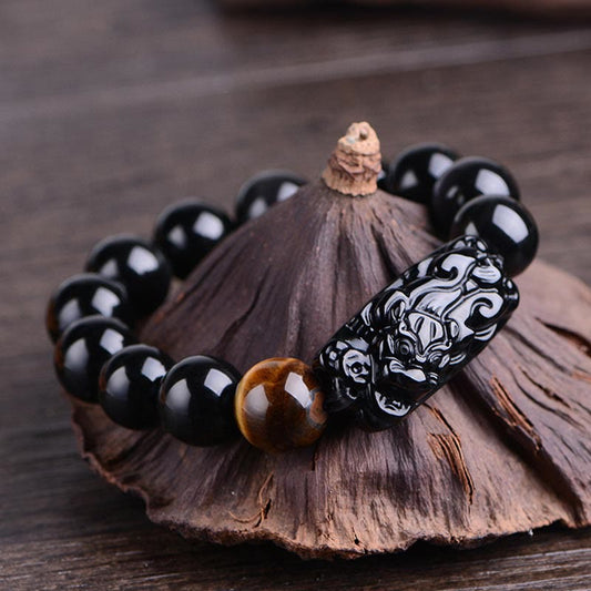 Buddhist Blessing Natural Black Obsidian PiXiu Tiger's Eye Strength Bracelet