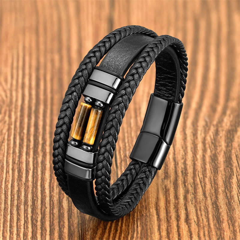 Buddhist Blessing Tiger Eye Lazurite Hematite Picture Jasper Black Onyx Strength Multi-layer Leather Bracelet