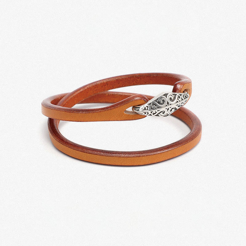 Buddhist Blessing 925 Sterling Silver Leather Multi-turn Protection Bracelet