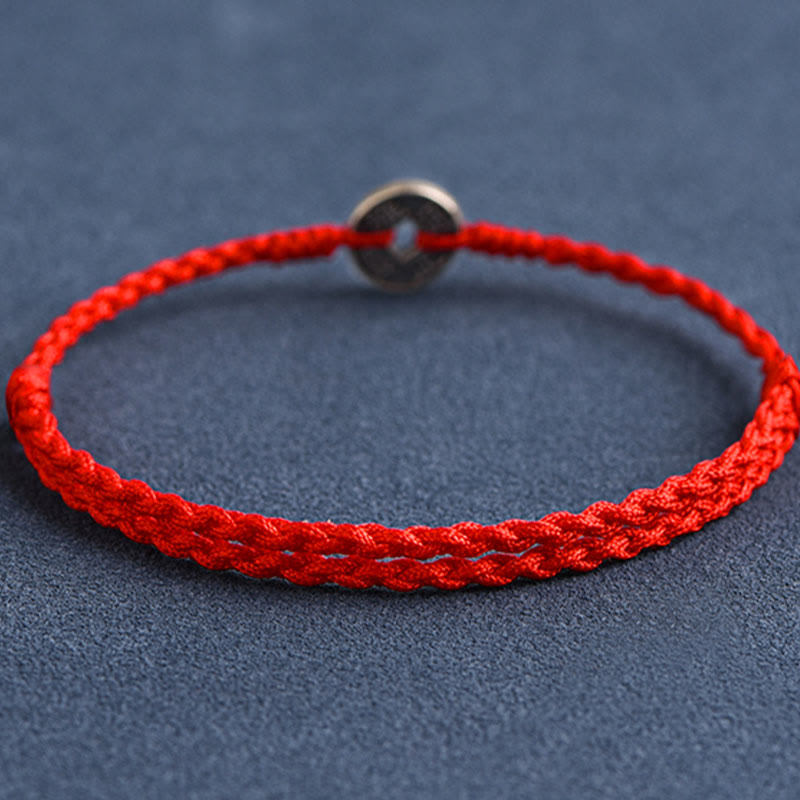 Buddhist Blessing 925 Sterling Silver Five Emperor Coins Red String Protection Luck Braided Bracelet Anklet