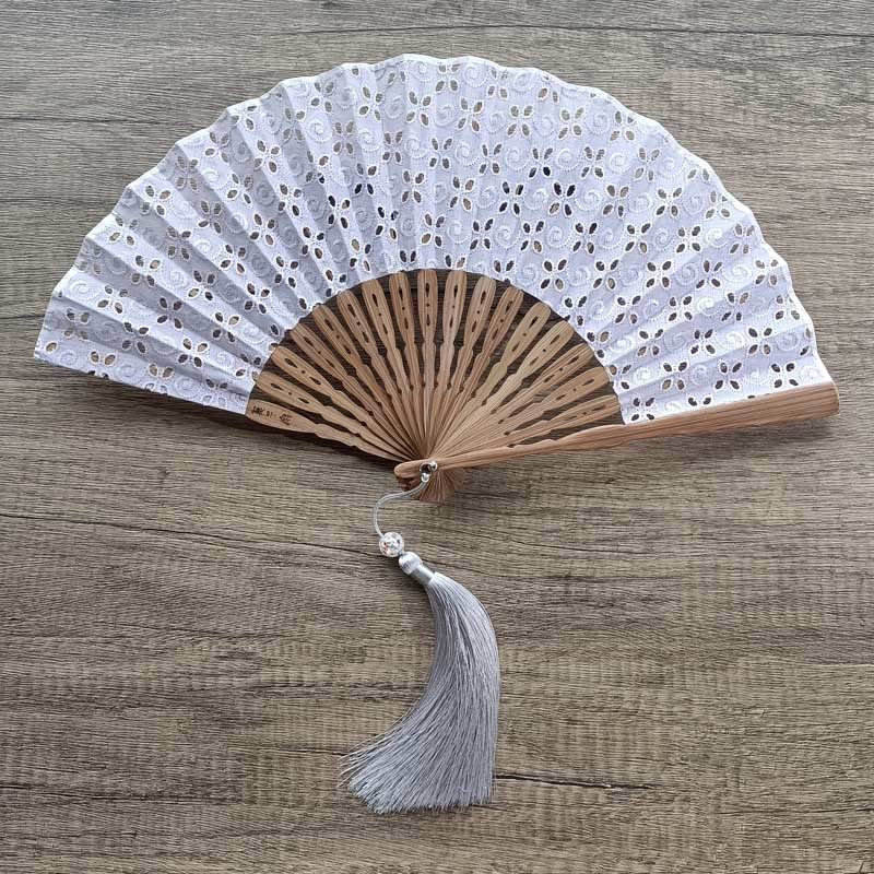 Buddhist Blessing Solid Color Hollow Flowers Embroidery Cotton Fabric Handheld Bamboo Folding Fan