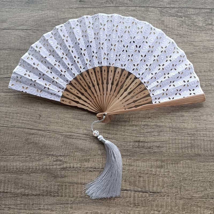Buddhist Blessing Solid Color Hollow Flowers Embroidery Cotton Fabric Handheld Bamboo Folding Fan