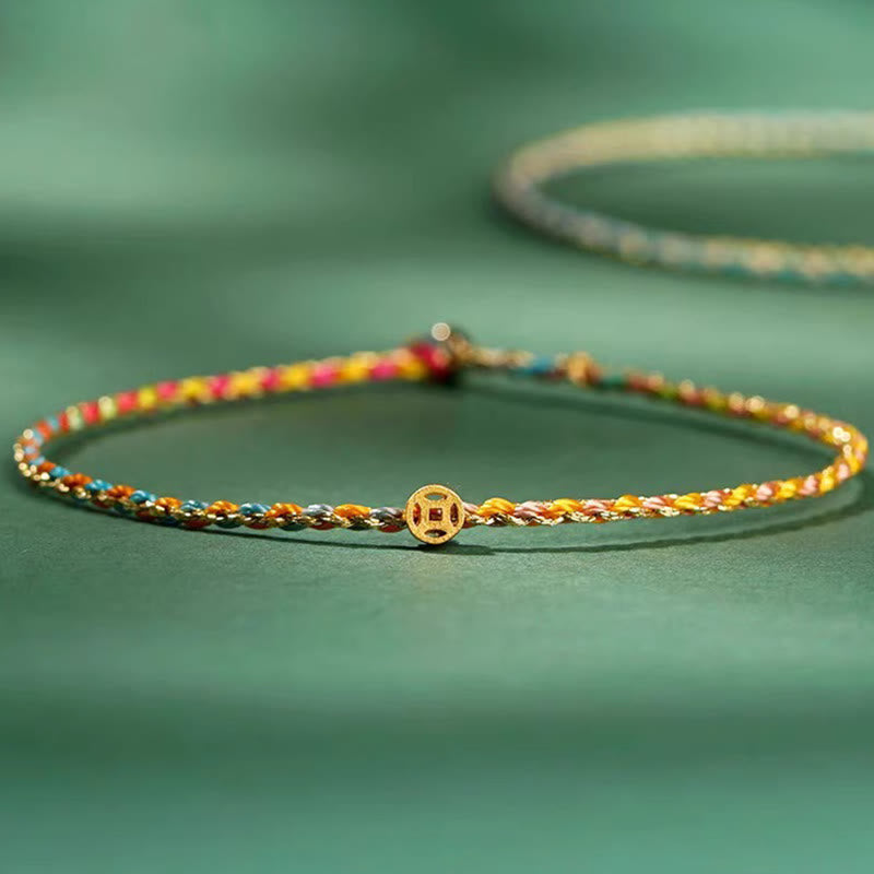 Buddhist Blessing Colorful Rope Luck Coin Bead Abundance Extra Thin Braided Bracelet