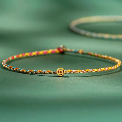 Buddhist Blessing Colorful Rope Luck Coin Bead Abundance Extra Thin Braided Bracelet