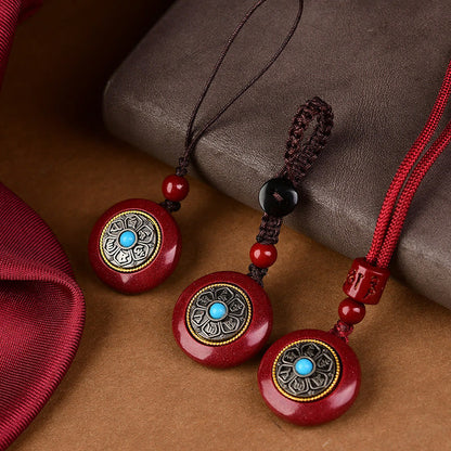 Buddhist Blessing Natural Cinnabar Six True Words 'Om Mani Padme Hum' Braided String Blessing Key Chain Necklace Pendant