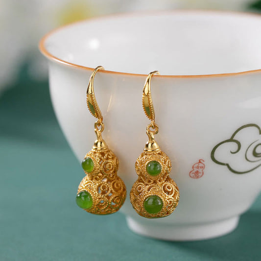 Buddhist Blessing Copper Hollow Gourd Jade Prosperity Earrings