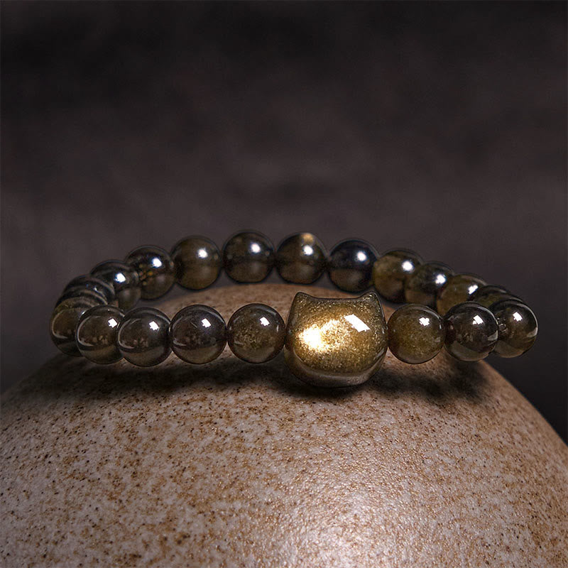 Buddhist Blessing Gold Sheen Obsidian Silver Sheen Obsidian Lovely Paw Lucky Cat Protection Bracelet