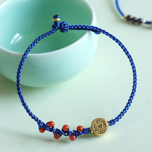 Buddhist Blessing Klein Blue String South Red Agate Garnet Copper Flower Power Bracelet
