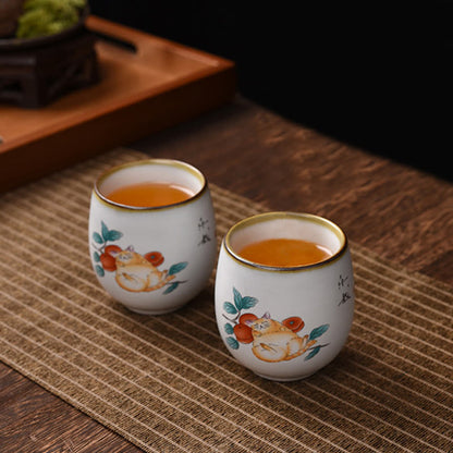 Buddhist Blessing Cute Lying Cat Branches Teacup Kung Fu Tea Cup With Gift Box