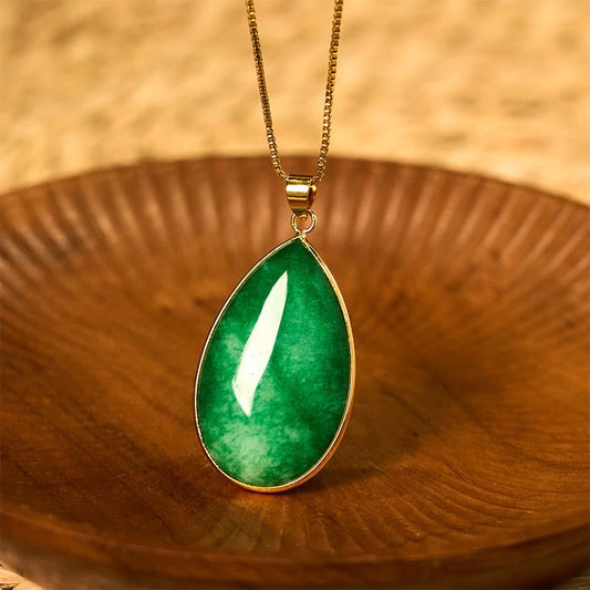 Buddhist Blessing Green Jade Water Drop Pattern Abundance Necklace Pendant