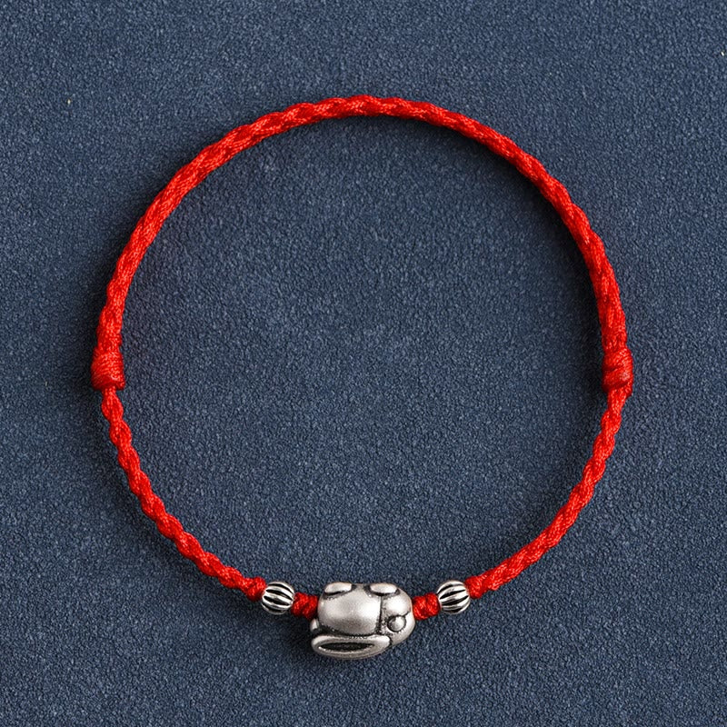 Buddhist Blessing Handmade 999 Sterling Silver Rabbit Luck Rope Bracelet Anklet