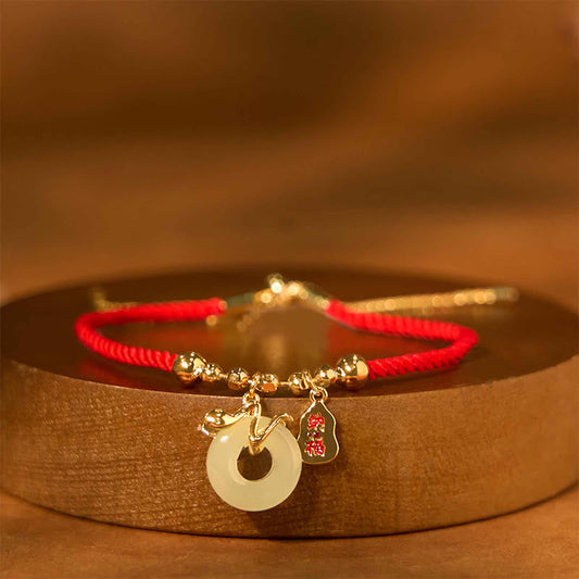Buddhist Blessing Copper Plated Gold Jade Peace Buckle Fu Character Year Of The Snake Red String Luck Bracelet
