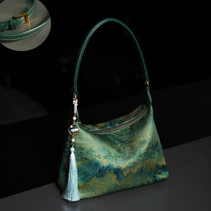Buddhist Blessing Lotus Bamboo Crane Deer Butterfly Mountain Xiangyunsha Silk Song Brocade Crossbody Bag Shoulder Bag