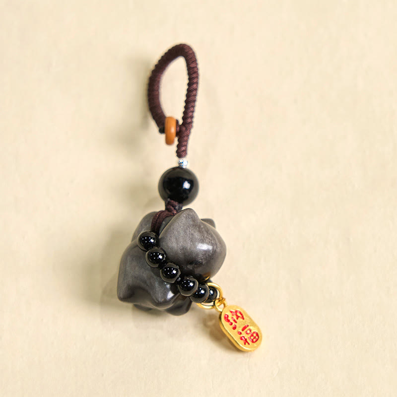Buddhist Blessing Silver Sheen Obsidian Black Obsidian Gold Sheen Obsidian Cute Cat Fu Character Protection Key Chain Phone Hanging Decoration