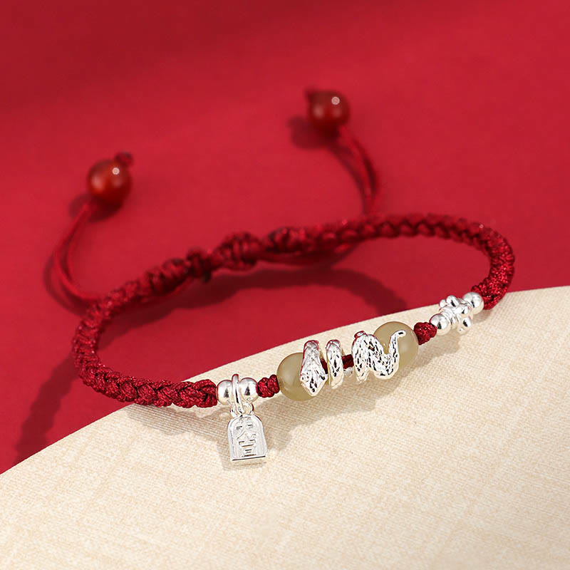 Buddhist Blessing Hetian Jade Year of the Snake String Protection Braided Bracelet