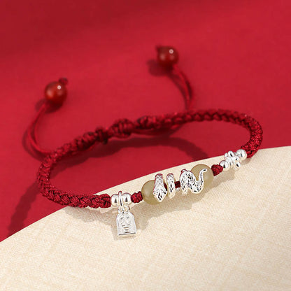 Buddhist Blessing Hetian Jade Year of the Snake String Protection Braided Bracelet