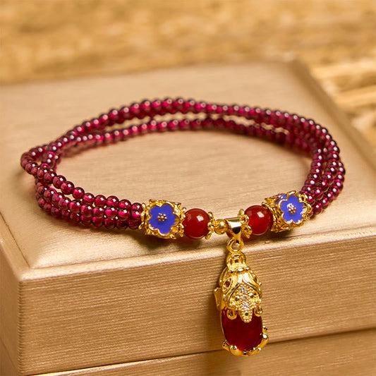 Buddhist Blessing Natural 3mm Garnet Beads PiXiu Flower Purification Multilayer Bracelet