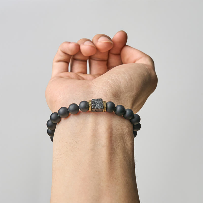 Buddhist Blessing Natural Frosted Black Onyx Square Lava Rock Fortune Bracelet