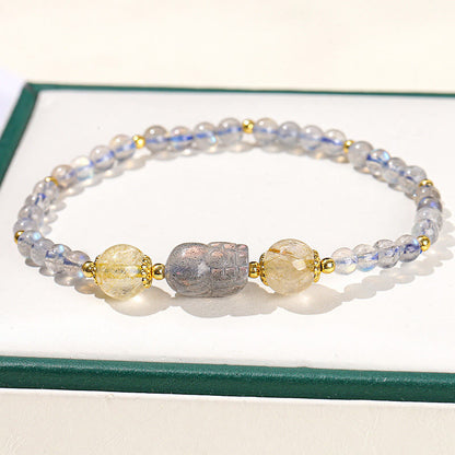 Buddhist Blessing Moonstone Strawberry Quartz Tourmaline PiXiu Healing Bracelet