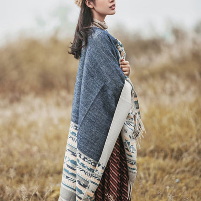 Buddhist Blessing Tibetan Geometric Rhombus Pattern Tassels Shawl Fall Winter Warm Cozy Scarf Wrap