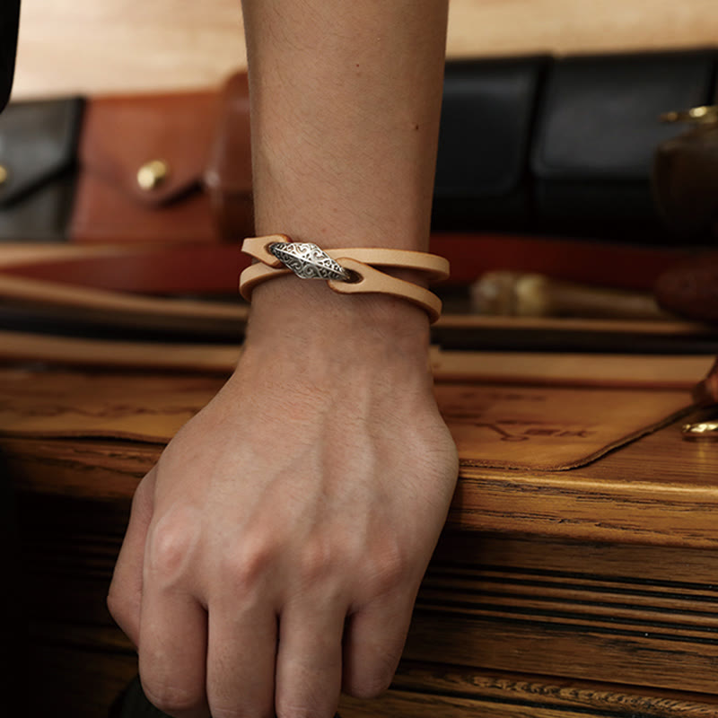 Buddhist Blessing 925 Sterling Silver Leather Multi-turn Protection Bracelet