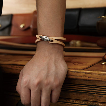 Buddhist Blessing 925 Sterling Silver Leather Multi-turn Protection Bracelet