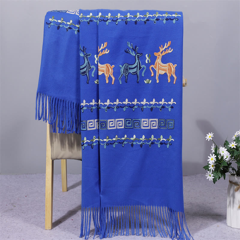 Buddhist Blessing Rayon Fabric Shawl Sika Deer Embroidery Tassel Winter Cozy Travel Scarf Wrap