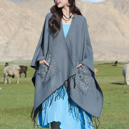 Buddhist Blessing Tibetan Geometric Round Mandala Pattern Tassels Shawl Fall Winter Cozy Scarf Wrap With Pockets