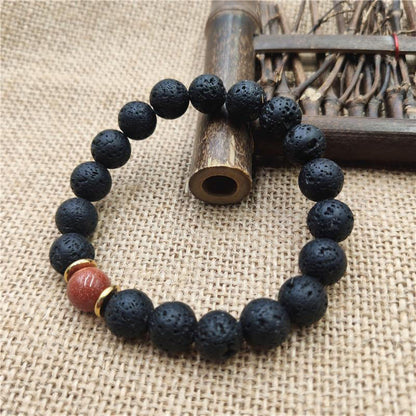 Buddhist Blessing Lava Rock Goldstone Blue Sandstone Healing Bracelet