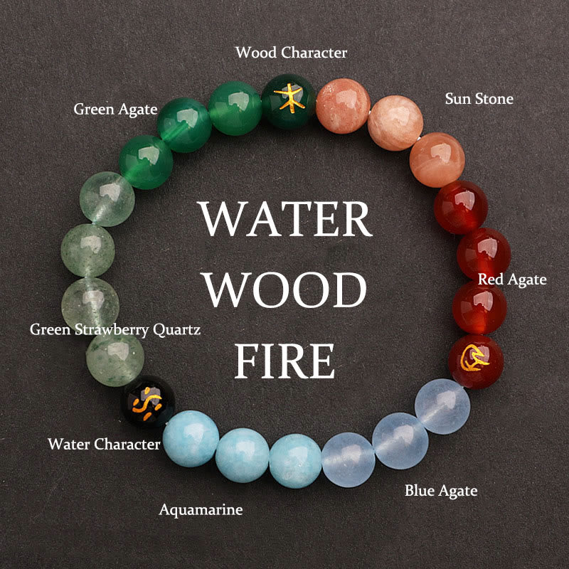 Buddhist Blessing Five Elements Various Agate Crystal Green Strawberry Quartz Sun Stone Wealth Bracelet