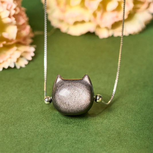 Buddhist Blessing 925 Sterling Silver Natural Silver Sheen Obsidian Gold Sheen Obsidian Cat Necklace