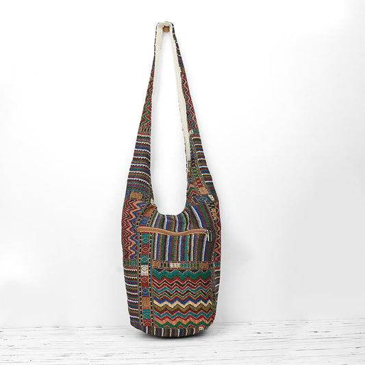 Buddhist Blessing Green Brown Waves Pattern Cotton Crossbody Bag Shoulder Bag