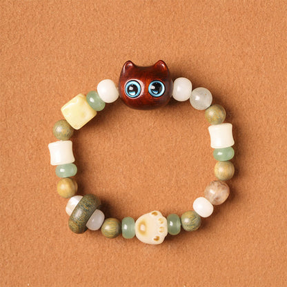 Buddhist Blessing Bodhi Seed Green Sandalwood Ebony Wood Small Leaf Red Sandalwood Cat Head Paw Claw Peace Bracelet