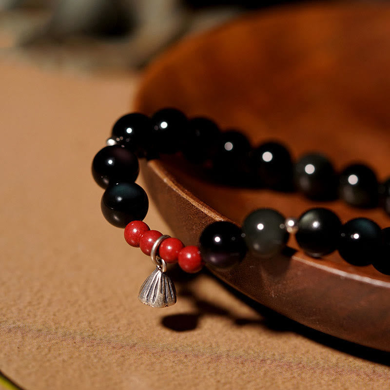 Buddhist Blessing Natural Black Obsidian Cinnabar Lotus Charm Strength Fulfillment Bracelet