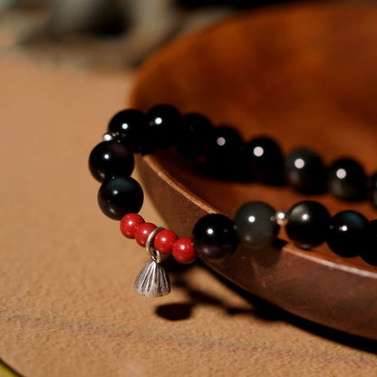 Buddhist Blessing Natural Black Obsidian Cinnabar Lotus Charm Strength Fulfillment Bracelet