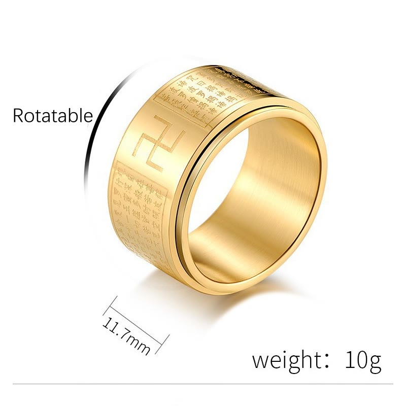 Buddhist Blessing Heart Sutra Swastika Titanium Steel Luck Rotatable Ring