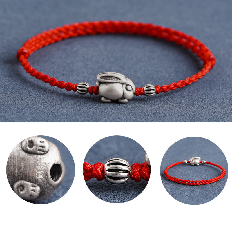 Buddhist Blessing Handmade 999 Sterling Silver Rabbit Luck Rope Bracelet Anklet