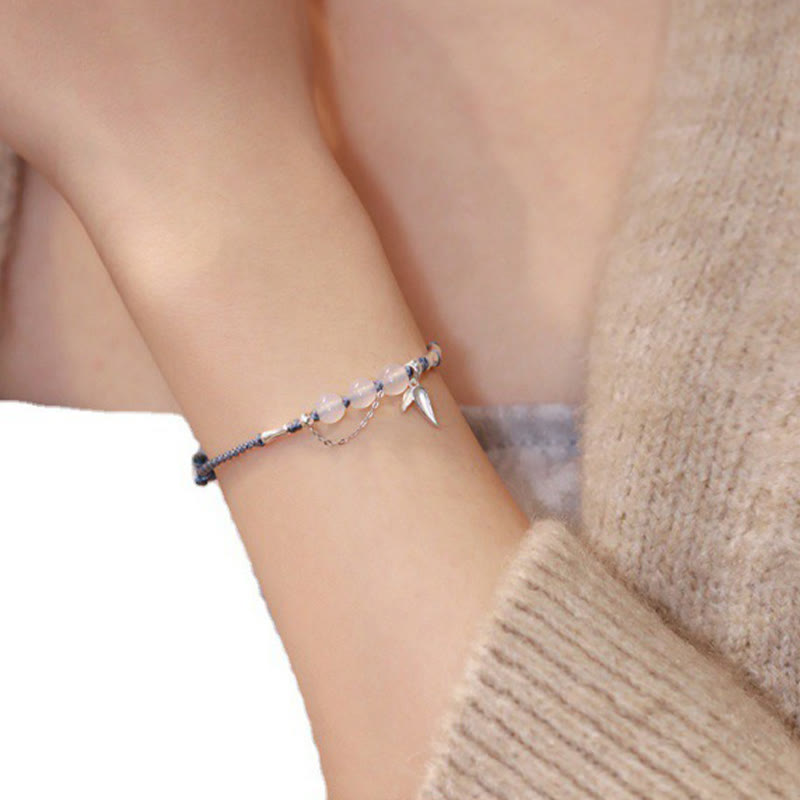 Buddhist Blessing 925 Sterling Silver Bamboo Leaves Hetian Jade Chalcedony Beads Blessing Braided Bracelet