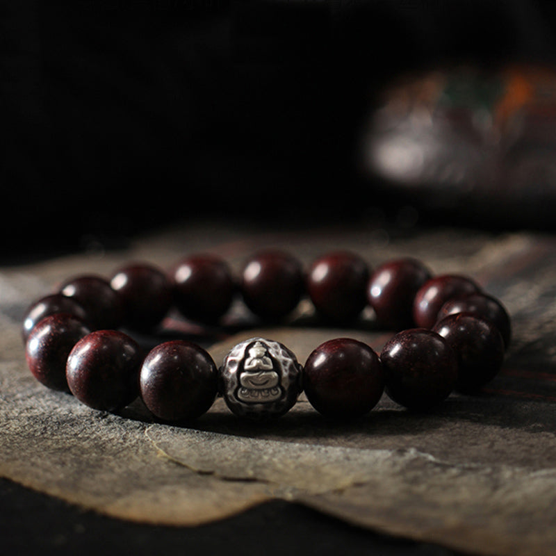 Buddhist Blessing 999 Sterling Silver Green Sandalwood Small Leaf Red Sandalwood Buddha Cure Bracelet