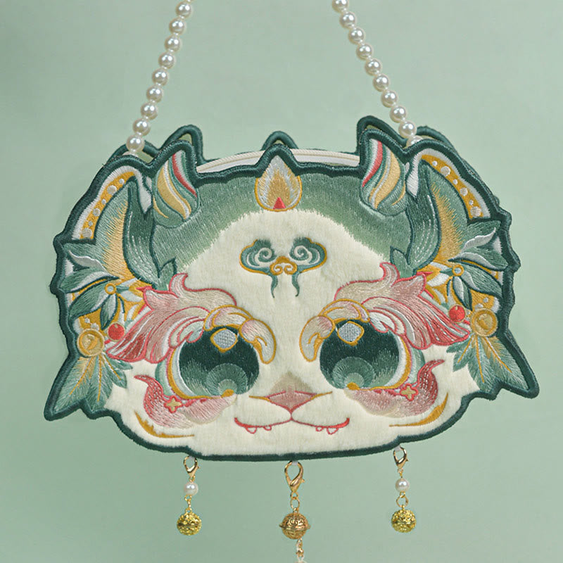 Buddhist Blessing Double-sided Mythical Beast Bai Ze Embroidery Pearl Chain Tassel Shoulder Bag Crossbody Bag