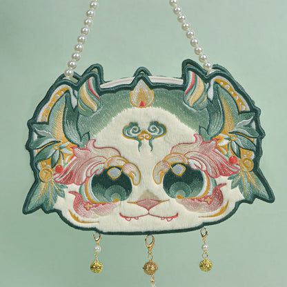 Buddhist Blessing Double-sided Mythical Beast Bai Ze Embroidery Pearl Chain Tassel Shoulder Bag Crossbody Bag