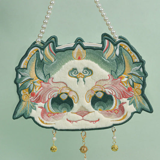 Buddhist Blessing Double-sided Mythical Beast Bai Ze Embroidery Pearl Chain Tassel Shoulder Bag Crossbody Bag
