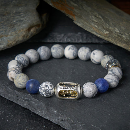 Buddhist Blessing Natural Grey Jasper Sodalite Om Mani Padme Hum Buddha Face Healing Bracelet