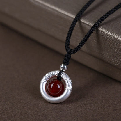 Buddhist Blessing 999 Sterling Silver Red Agate Peace Buckle Blessing Necklace Pendant