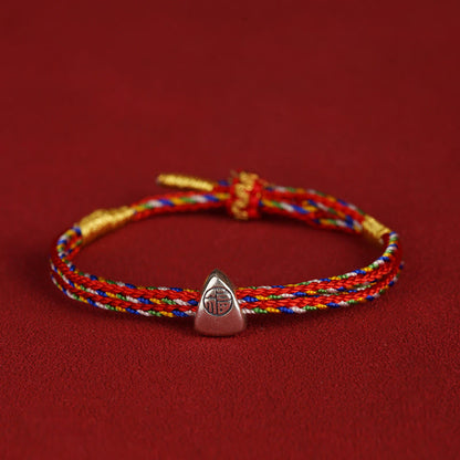 Buddhist Blessing 925 Sterling Silver Fu Character Luck Multicolored Rope Bracelet