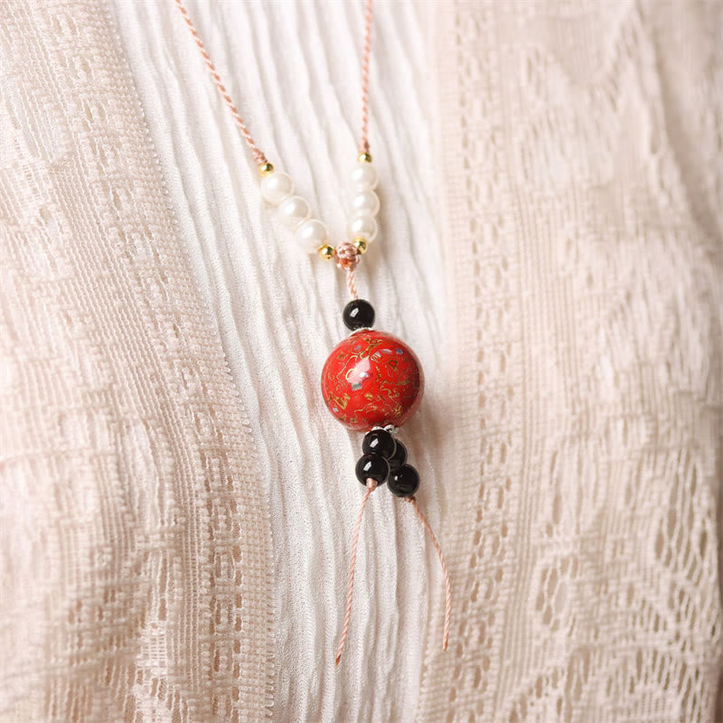 Buddhist Blessing Ebony Wood Aurora Lacquer Craft Bead Pearl Balance Necklace Pendant