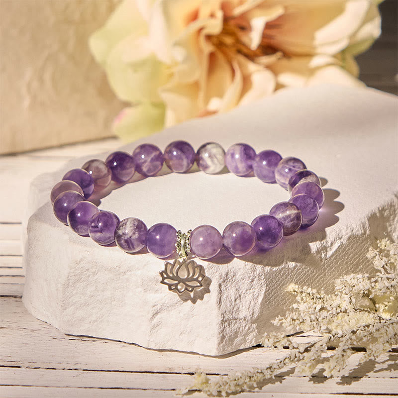 Buddhist Blessing 925 Sterling Silver Amethyst Lotus Design Natural Balance Bead Bracelet