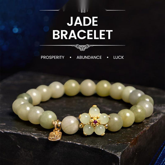 Buddhist Blessing Green Jade Flower Fu Character Charm Luck Bracelet
