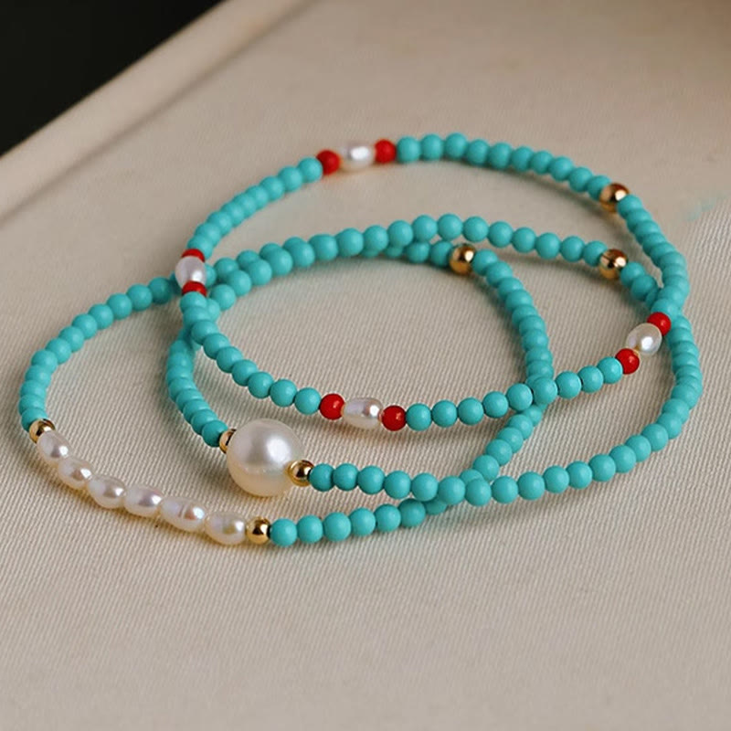 Buddhist Blessing Turquoise Red Agate Pearl Small Beaded Protection Bracelet